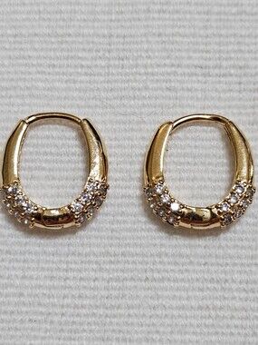 Gold Crystal Accent Huggie Hoop Earrings CZ Pave Gold Plated - Women Jewelry